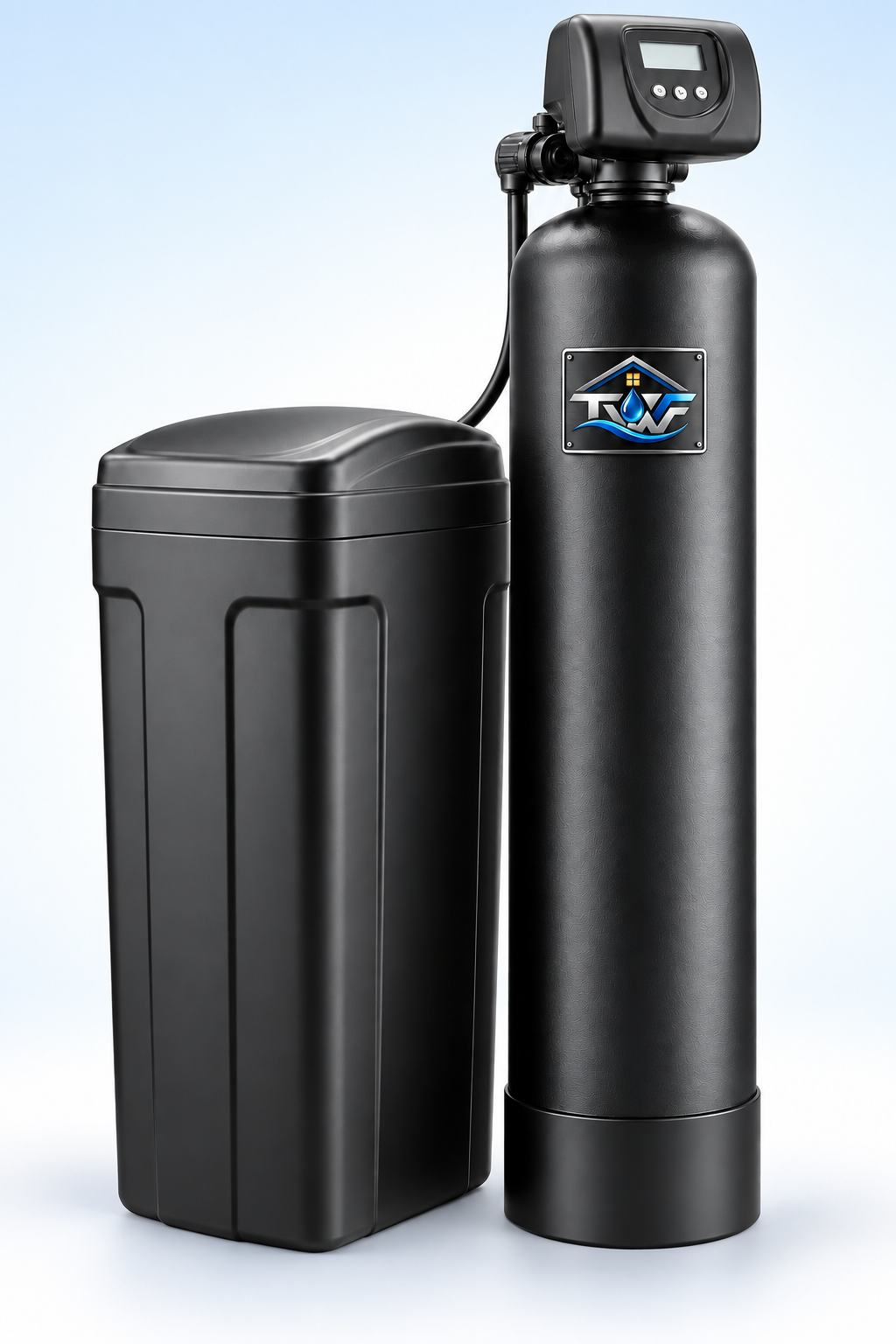 Water softener system installed in home utility room